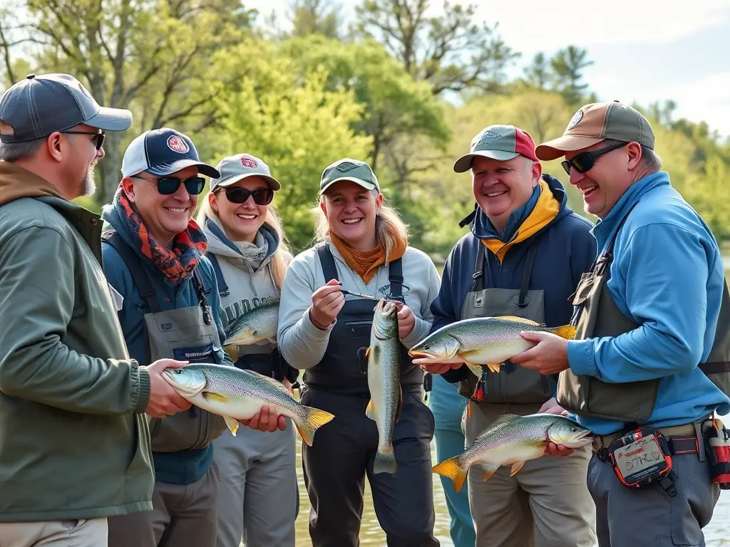 A group of anglers with fishing rods by a tranquil river, surrounded by lush greenery and scenic landscapes, participating in a guided fishing tour organized by ASCA.