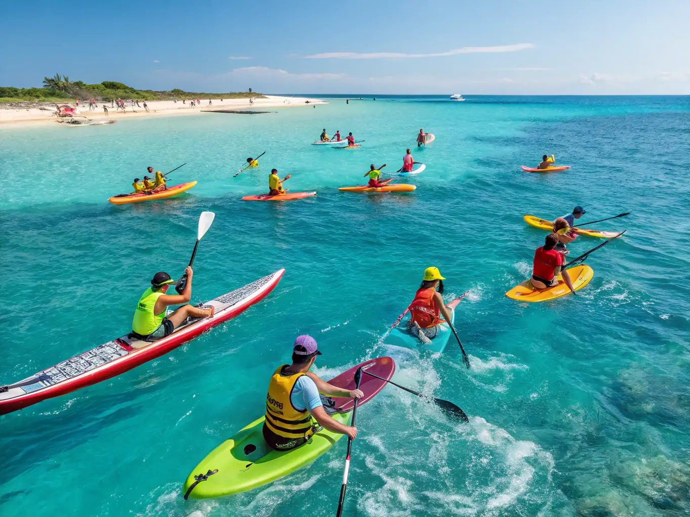 A lively image of people enjoying water sports activities on the river, such as kayaking and paddleboarding.