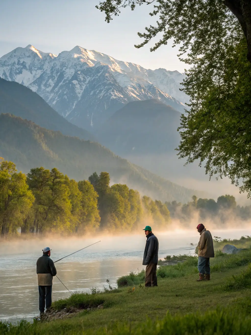 A serene image of anglers casting their lines into a clear, flowing river surrounded by lush greenery, representing the exclusive fishing spots available to ASCA members.