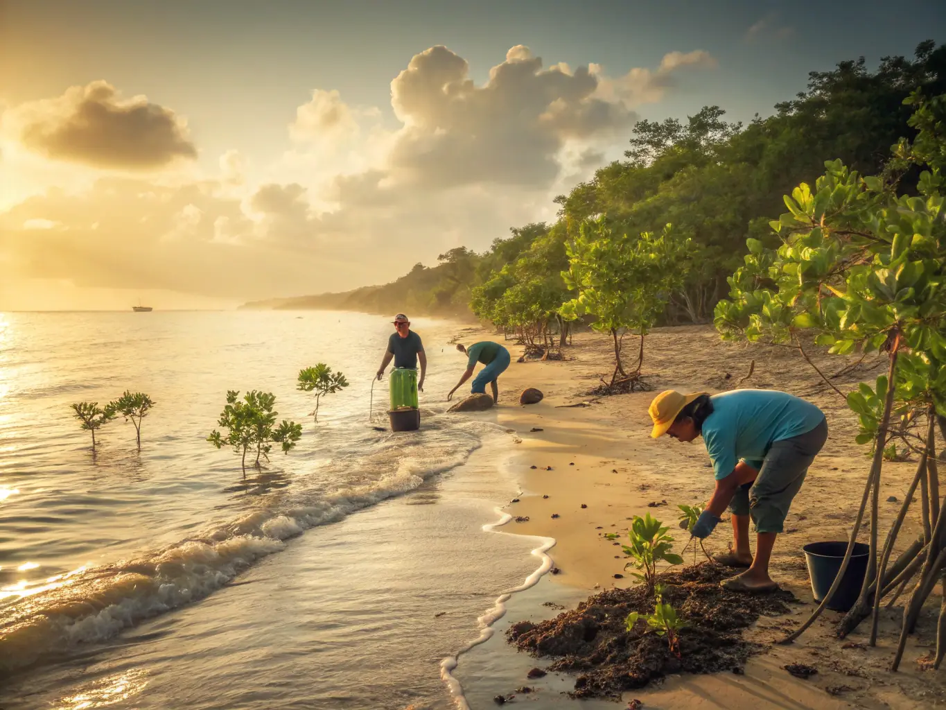 Volunteers planting native aquatic plants along a riverbank, with clear water and abundant wildlife, as part of ASCA's habitat preservation program.