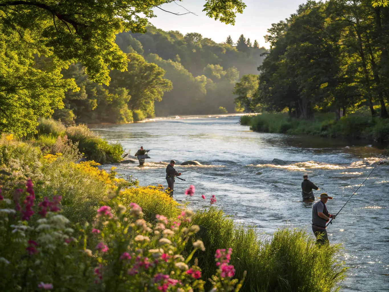 A lively fishing tournament with participants casting lines along a river, with spectators and volunteers nearby, during an ASCA community water sports event.