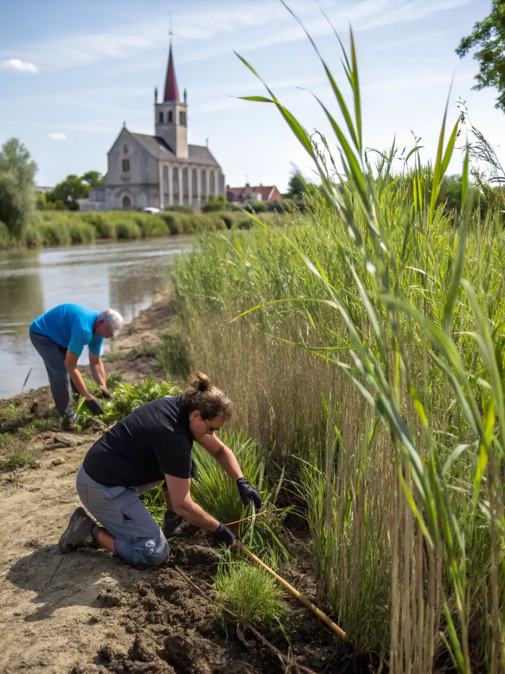 A picturesque scene of ASCA members actively involved in a habitat preservation project, planting native aquatic plants along the riverbank.